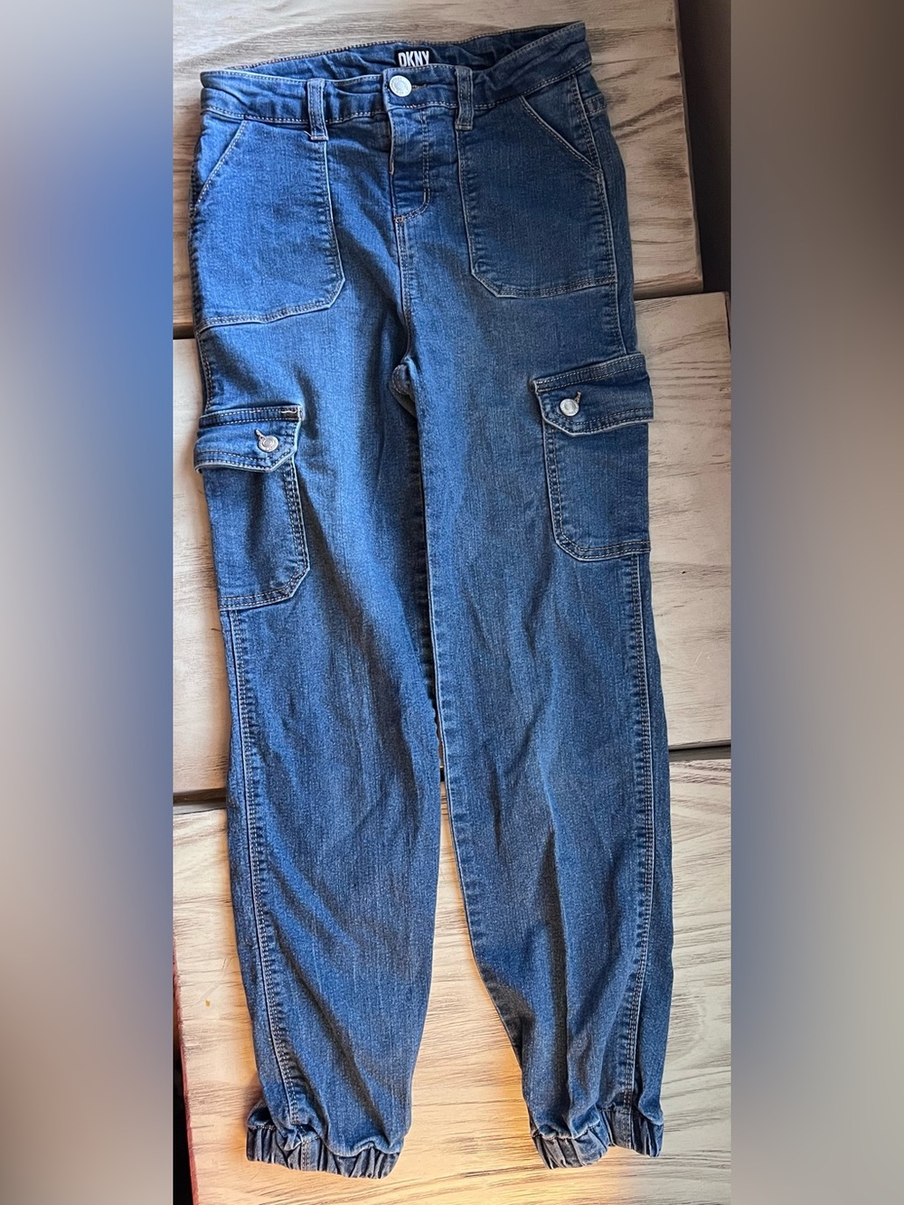 DKNY Girls Size 14 Denim Cargo Jogger Jeans Utility Pocket Blue